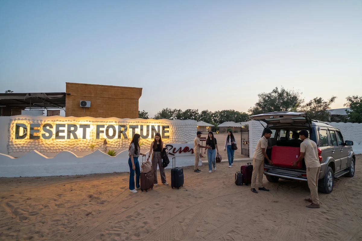 Check-in and welcome at Desert Fortune Resort camp gate